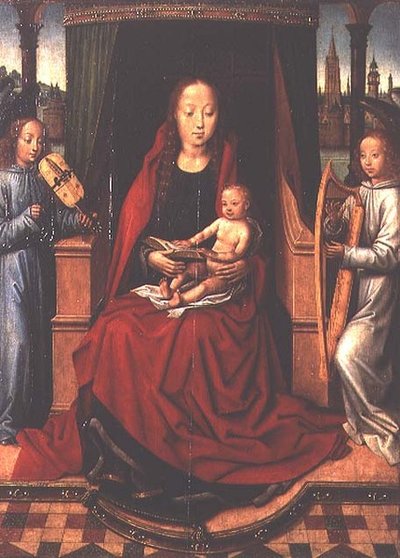 Madonna og barn med to musikalske engle af Master of The Legend of St. Lucy