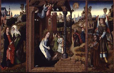 Fødselen med visitationen og ærkeenglen, der præsenterer donoren af Master of the Legend of St. Ursula