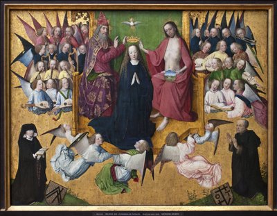 Marias kroning. Repræsentation af den hellige treenighed: Gud, Jesus Kristus og Helligåndens due (Helligånden). Maleri af Lyversbergers passionsmester (aktiv 1460-1490), olie på træ, tidlig tysk kunst 1400-tallet. München, Alte af Master of the Lyversberg Passion