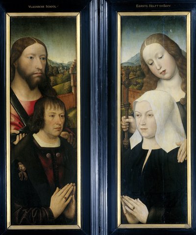 To vinger af en triptykon med donoren, Thomas Isaacq, ledsaget af Saint Thomas (venstre, ydre fløj), og donorens hustru ledsaget af Saint Margaret (højre, ydre fløj) af Master of the Magdalen Legend