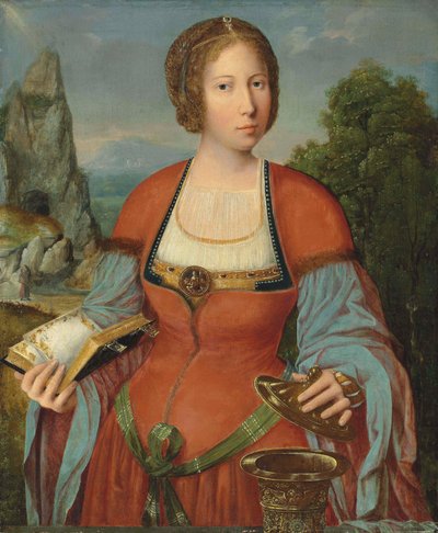 Magdalene holder en tidebog i et landskab af Master of the Mansi Magdalen
