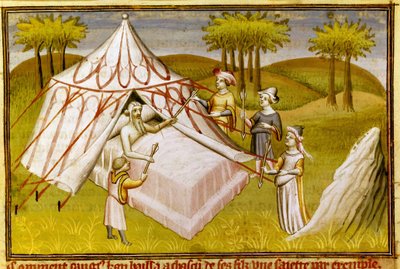 Den mongolske leder Gengis Khan på sit dødsleje giver sine sidste anbefalinger til sine sønner, ca. 1410 (miniature) af Master of the Mazarine