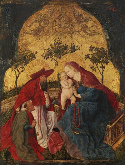 Jomfru og barn med en donor præsenteret af Saint Hieronymus, ca. 1450. af Master of the Munich Bavarian Panels