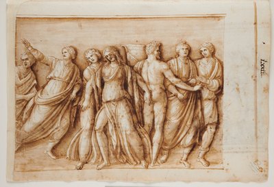 Folio 61, recto: The Return of Meleager from a Roman Sarcophagus, Rom, Palazzo Barberini, ca. 1512-17 (pen & brun blæk med brun vask) af Master of the Oxford Album
