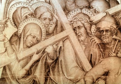 Narbonnes parement: Kristus, der bærer sit kors (grisaille på silke af Master of the Parement of Narbonne