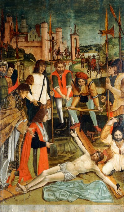 Kristus naglede til korset med en donor med armen i en slynge præsenteret af en præst af Master of the Pavia Deposition