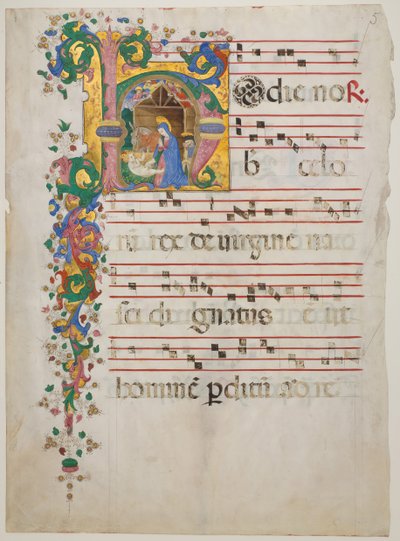 Manuskriptblad med Fødselskirken i et indledende H, fra et antifonarium, anden halvdel af 1400-tallet. af Master of the Riccardiana Lactantius