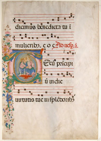 Manuskriptblad med treenigheden i et indledende T, fra et antifonarium, anden halvdel af 1400-tallet. af Master of the Riccardiana Lactantius