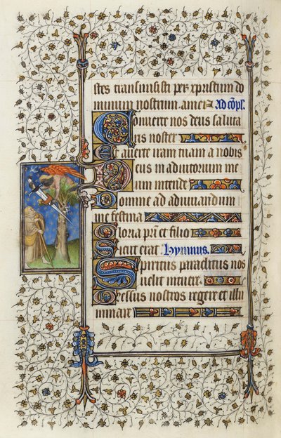 Ms 62 f.132v Bevinget figur i en trætop med bog gennemboret af et sværd, fra 