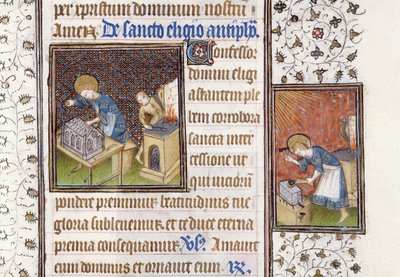 Ms 62 f.215r St. Eligius laver en helligdom; St. Eligius ved en Ambolt, fra en Timebog af Master of the Rohan Hours