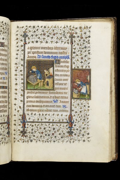 Ms 62 f.215r St. Eligius laver en helligdom; St. Eligius ved en ambolt, fra en timebog, ca. 1445-50 (vellum) af Master of the Rohan Hours