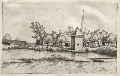Udsigt over landsbyer i Brabant og Campine: A Moated Village, ca. 1561. af Master of the Small Landscapes