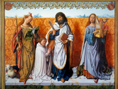 Centralpanel på Saint Bartholomes alter: Saint Agnes, Bartholome og Saint Cecile med en donor. Maleri af Mesteren af St. Bartholoma (1500-tallet) Ec. Alle. af Master of the St. Bartholomew Altarpiece