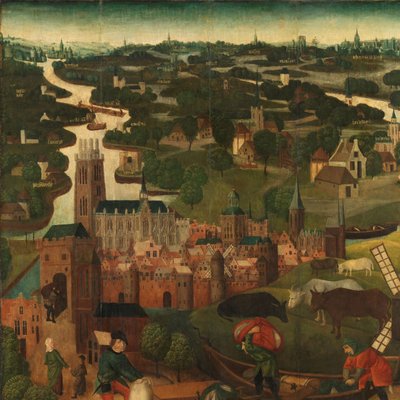 Sankt Elizabeths dag-flod Udvendig venstre fløj af en altertavle med Sankt Elisabeth-floden, 18.-19. november 1421, med byen Dordrecht i baggrunden af Master of the St Elizabeth Panels