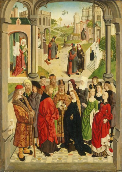 Hollandsk: Marias bryllup. I baggrunden (fra venstre mod højre) Marias fødsel, Joachim bliver jaget ud af templet, proklamationen til Joachim, mødet ved Den Gyldne Port og præsentationen af Maria i templet The Marriage of th af Master of the Tiburtine Sibyl
