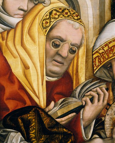 Præst iført briller, detalje fra Omskæring af Kristus af Master of the Tucher Altarpiece