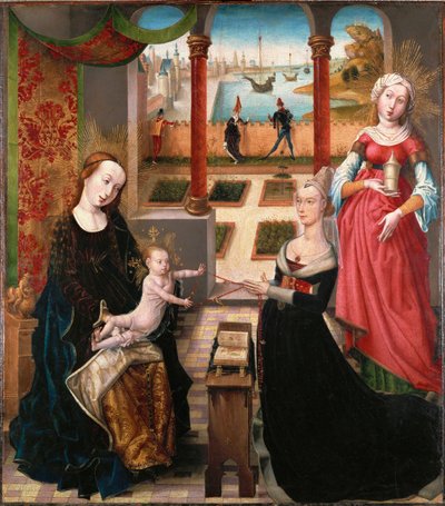 "Jomfru med barn og donor, barnet leger med en snor eller juveler; Sankt Barbara bag donor; landskab i baggrunden (olie på træ) af Master of the View of St. Gudule
