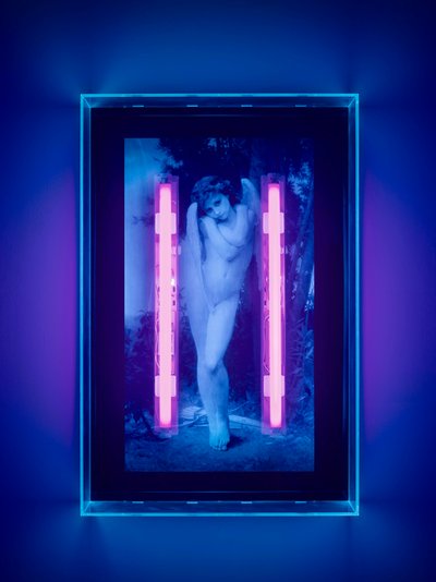 Ultraviolet Angel, 2008 (Ultraviolet blæk på plexiglasboks, 2 ultraviolette neonlys) af Mat Collishaw