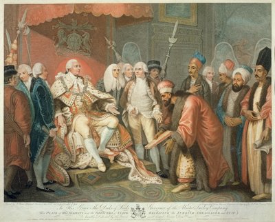 Hans Majestæt og statsembedsmænd modtager den tyrkiske ambassadør og jakkesæt, graveret af Daniel Orme (1767-p.1832), udgivet af Edward Orme, 1797 (stiplet stik) af Mather Brown