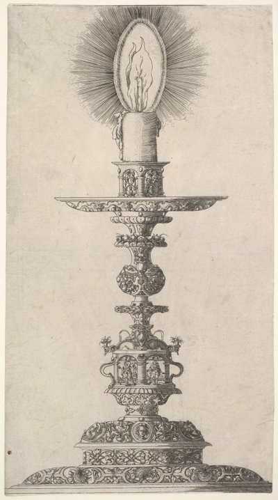 Lysestage med tændt lys fra: Insigne Ac Plane Novum Opus Cratero graphicum, Ein n..., 1551. af Mathias Zundt