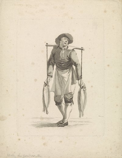 Fiskehandler fører fisk på et åg af Mathias de Sallieth