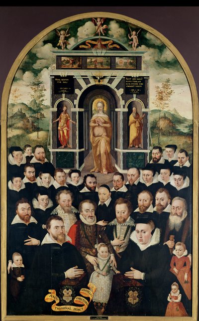 Allegorisk panel, der forestiller Jomfruen, Henri IV (1553-1610) og hofmænd, donorer, hans kone og medlemmer af deres familie af Mathieu Prieur