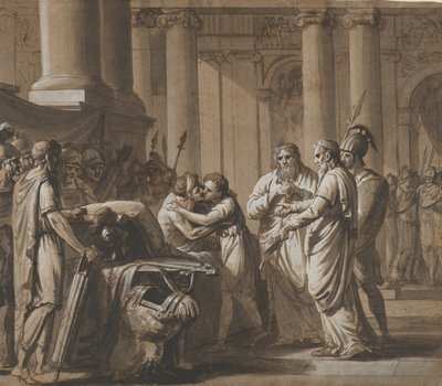 Scene fra romersk historie, der skildrer en yngling, der modtager rustning fra en døende..., slutningen af det 18.-midten af det 19. af Mathieu Van Brée