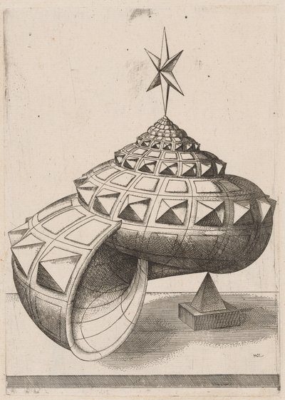 Et perspektiv af en facetteret snegleskal balanceret på en pyramide af Mathis Zündt, after Hans Lencker