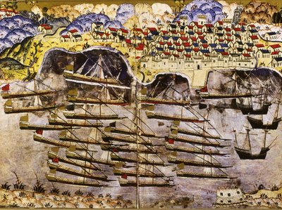 Barbarossas flåde overvintrer i den franske havn i Toulon, 1543, midten af det 16. århundrede af Matrakci Nasuh