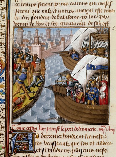 Syvende korstog: Kong Saint Louis (1214-1270) og overgangene, der belejrede Damietta i juni 1249 i Nedre Egypten. Miniature taget fra manuskriptet "Speculum historiale"" (Le Mirror historial) af Vincent de Beauvais (1184/94-1264) oplyst af Mesteren af Maître François