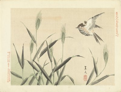 Fugl flyver på græs Blomster- og fugleskitser fra Keibun - del 1 (serietitel) Keibun kacho gafu zen pen (serietitel på objekt) af Matsumura Keibun
