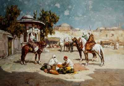 Arabiske krigere på en markedsplads, ca. 1910 (olie på panel) af Matteo Da Angelo Rossotti