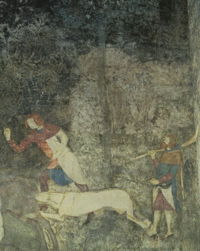 Mænd på jagt med hunde, detaljer af dekorativt skema fra La Chambre du Cerf Stag Room 1347 fresco af Matteo Giovanetti