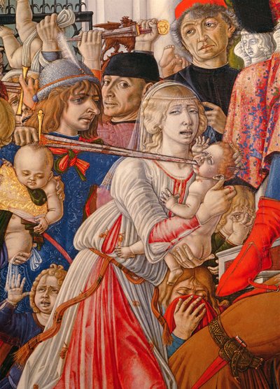 The Massacre of the Innocents, detalje af en soldat, der gennemborer en baby med sit sværd, 1482 tempera på paneldetalje af 106233 af Matteo di Giovanni di Bartolo