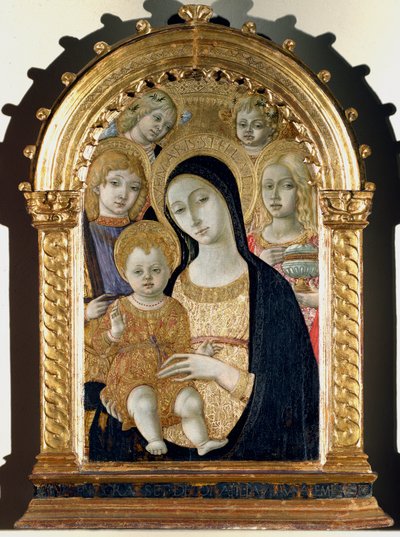 Jomfru med Jesus barn, Sankt Mikael, Sankt Maria Magdalena (Maleri på træ af Matteo di Giovanni di Bartolo