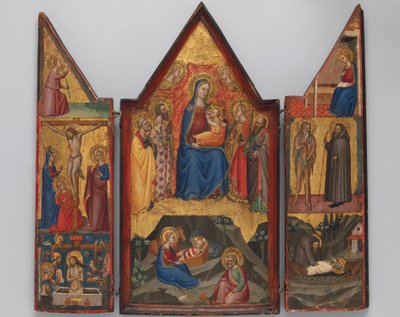 Madonna og barn tronet med hellige... og under fødselsfødselen..., ca. 1380-90. af Matteo di Pacino