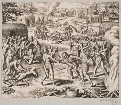 Når de fanger en af deres fjender bliver de på barbarisk og umenneskelig vis henrette og spist af Matthäus Merian d.Æ.