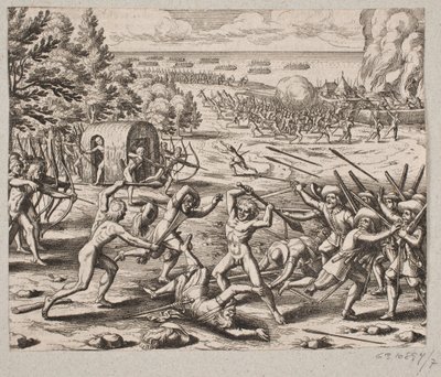 Så snart de ankom til de vildes boplads så hr. Sankt. John 300 karibiere af Matthäus Merian d.Æ.