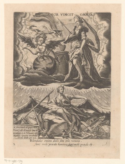 Triomf der kærlighed Amor vincit omnia (titel på objekt) Zes triomfen van Petrarca (serietitel) af Matthaus Greuter