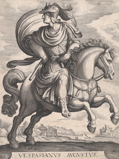 Kejser Vespasian til hest, fra serien De første tolv romerske kejsere, plade 1..., 1610-50. af Matthaus Merian