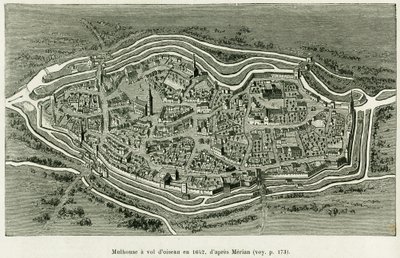Mulhouse flyver i 1642. Indgravering af Matthaus Merian (1593-1650) for at illustrere historien A Through Alsace and Lorraine, af Charles Grad, tysk deputeret, i 1885, i tour du monde 1886, instrueret af Edouard Charton (1807-1890) , Hachette, Paris. af Matthaus the Elder (after) Merian