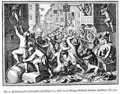 Plyndring af den jødiske gyde under Fettmilch-optøjerne i Frankfurt den 22. august af Matthaus the Elder (after) Merian