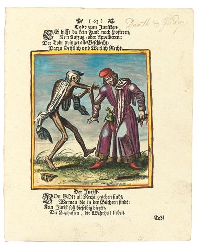 Døden og advokaten, ca. 1700-1725 (håndkoloreret gravering) af Matthaus the Elder Merian