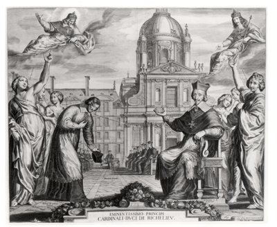 Robert de Sorbon (1201-94) og kardinal Richelieu (1575-1642) foran Sorbonne, indgraveret af Gregoire Huret (1606-70) 1639 af Matthaus the Elder Merian