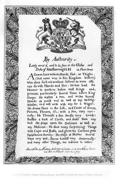 Kalligrafisk udstillingsseddel af Matthew Buchinger, Dværg af Nurnburg, 1717, 1840 af Matthew Buchinger