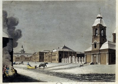 Arsenal og kanonstøberiet i Sankt Petersborg. (Arsenalet og Kanonstøberiet i Petersborg). Beskrivelse af bygninger midt om vinteren, med slæder, der glider på sneen og en gruppe individer, der varmer sig omkring et bål. Arbejde af af Matthew Dubourg