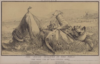 Den ru Gulliver i Arbejdet! eller, den rigtige brug af vores borgerhær (farve litho) af Matthew