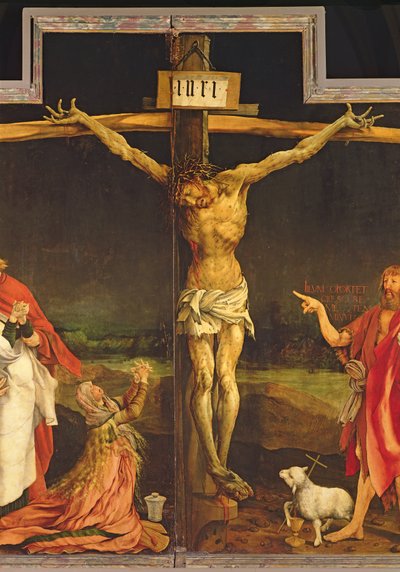 Kristus på korset, detalje fra det centrale korsfæstelsespanel i Isenheim-altertavlen, ca. 1512-16 (olie på panel) (detalje af 3706) af Matthias (c.1480-1528) Grunewald