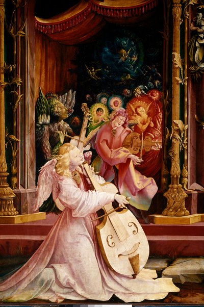 Altertavle af Issenheim (eller Isenheim): "" La Nativite"" Detalje af koncerten med Angels-musikere. Englen i midten spiller gambabratsch. Paneler af Mathis Neithardt Gothardt dit Matthias Grunewald (1480-1528) (ec.all.) 1512-1516 Dim. 265x304 cm Kol af Matthias (c.1480 1528) Grunewald
