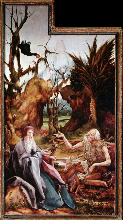 Sankt Antonius den Store og Sankt Paulus i ørkenen, altertavle af Issenheim (olie på panel af Matthias (c.1480 1528) Grunewald